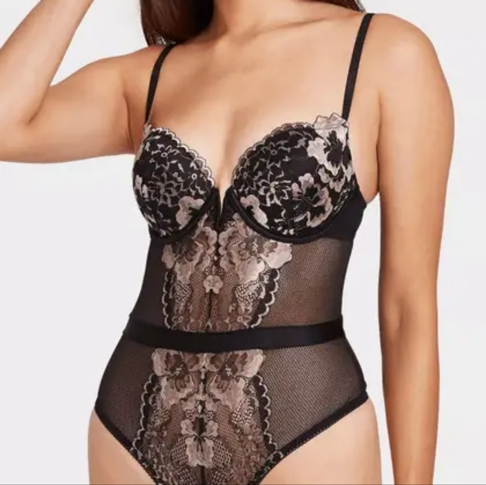 Auden Black Tan Floral Lace Built-in Bra Thong Teddy Bodysuit Lingerie XL